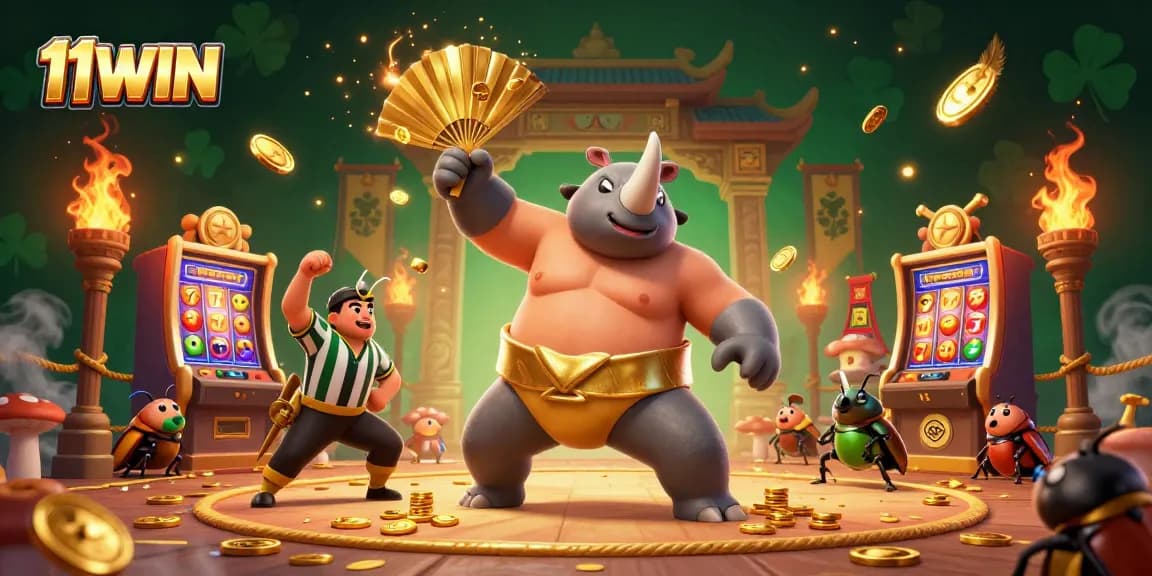 Experience thrilling wins with 11WIN as the champion beetle stomps coins in an exciting casino scene.
