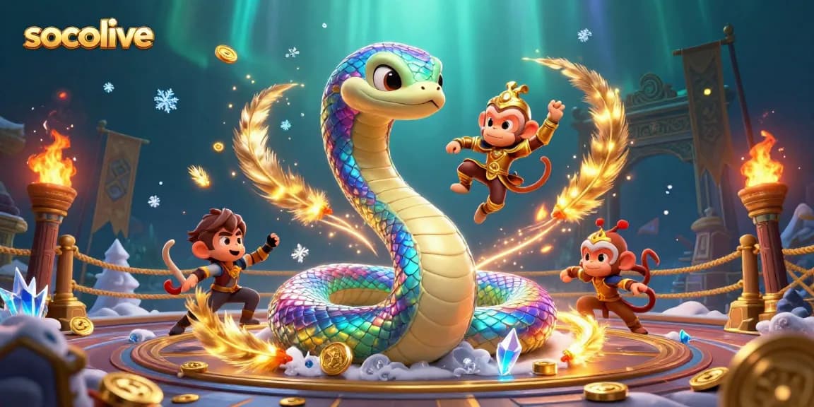 Socolive offers a vibrant casino scene with a rainbow serpent and a playful monkey king, showcasing winning strategies and golden tokens.