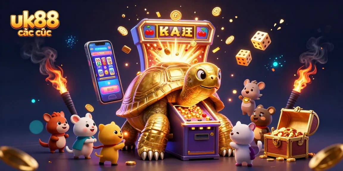 Engage with uk88 các cược in a lively casino scene featuring a golden tortoise pinball machine and slot machines.