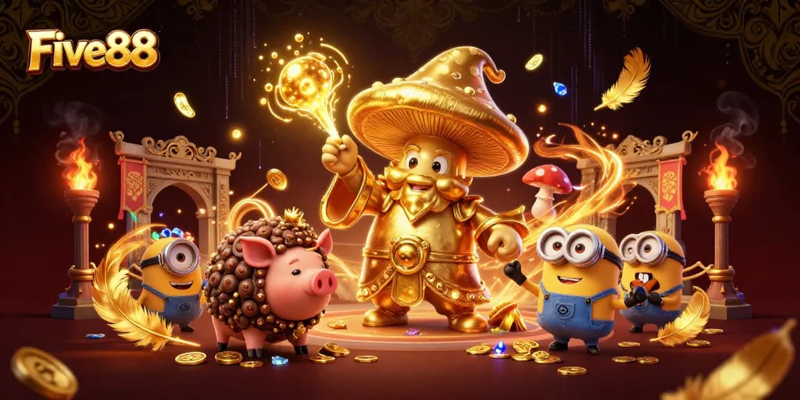 Engage with Five88's captivating 3D illustration featuring a golden wizard conjuring riches in an enchanting casino setting.