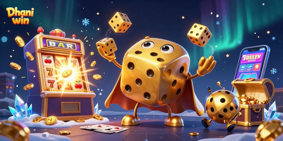 Dhani win gaming experience with golden dice golem and jackpot excitement in 3D.