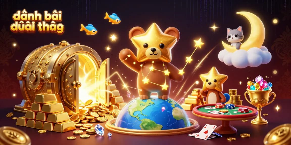 Engage with the vibrant universe of đánh bài đổi thưởng, where a constellation bear gathers golden coins in a surreal casino scene.