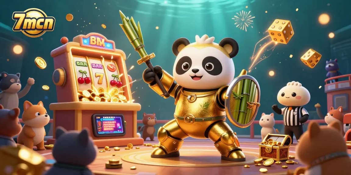 Engage with 7mcn slot gaming through a vibrant 3D scene of a golden panda pilot, bursting jackpots, and animated expressions.