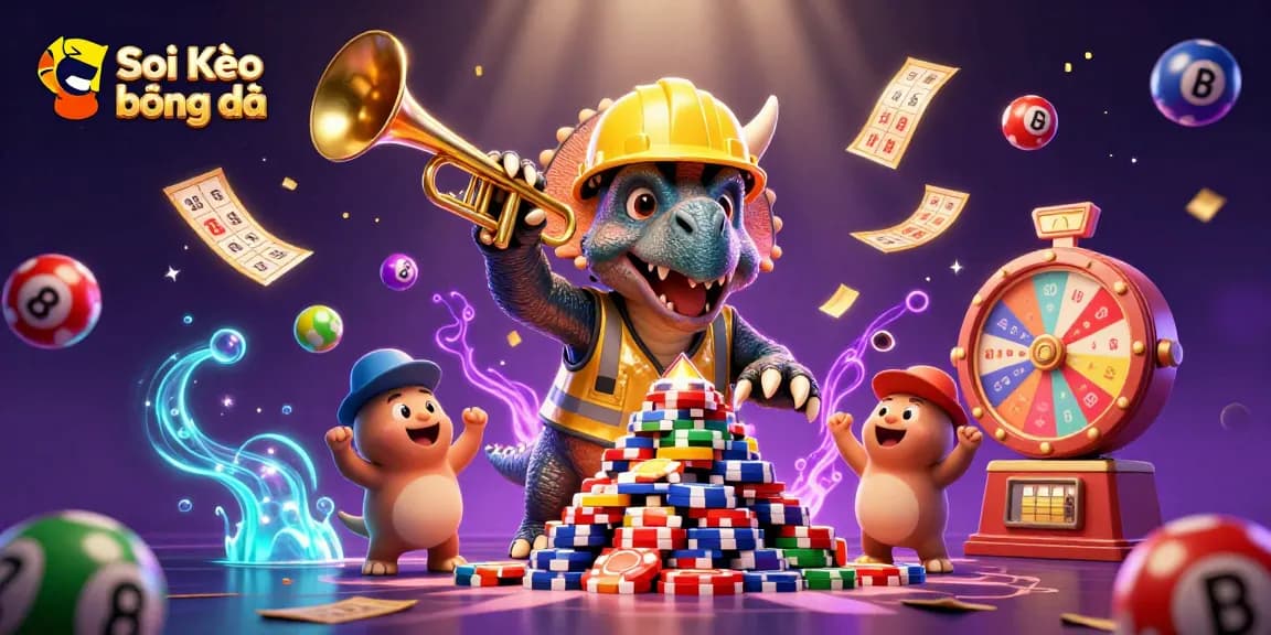 Soi Kèo bóng đá lively scene with dynamic animals building poker chip pyramid amidst colorful lottery elements