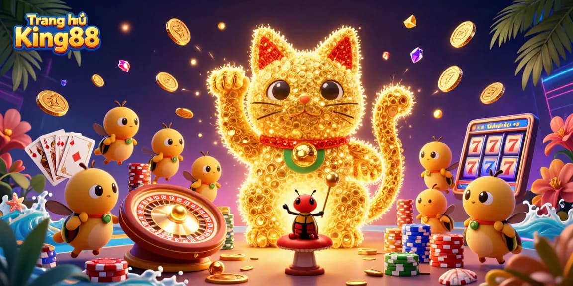 Engage with the vibrant energy of Trang chủ King88 featuring a dynamic casino atmosphere with golden symbols and characters.