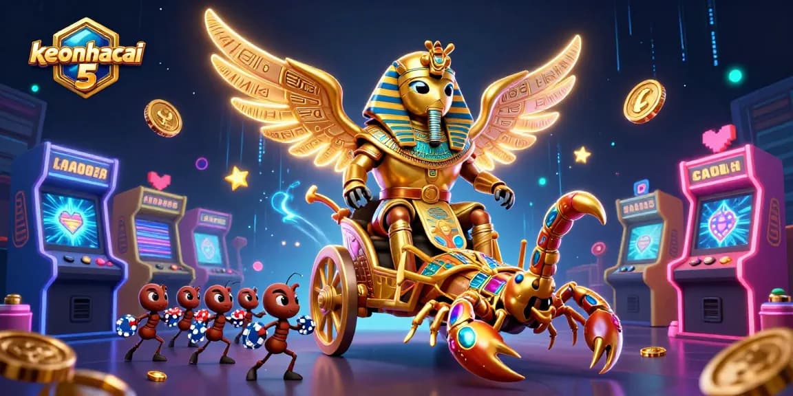 Engage with keonhacai 5 through this vibrant 3D digital illustration of a colossal beetle and scorpions in a casino adventure.