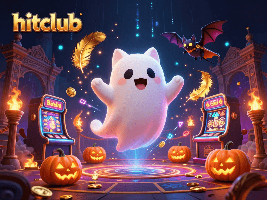 Hitclub-themed illustration featuring a ghost cat and vampire bat in a haunted casino.