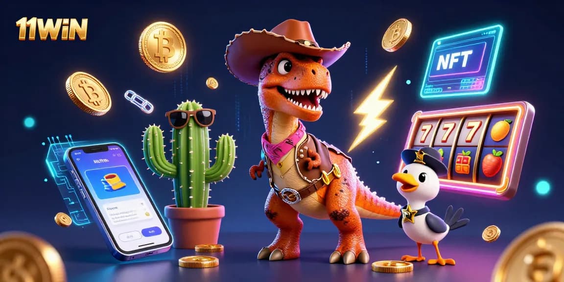 Explore thrilling casino adventures with 11WIN featuring a vibrant cowboy dinosaur and crypto coins.