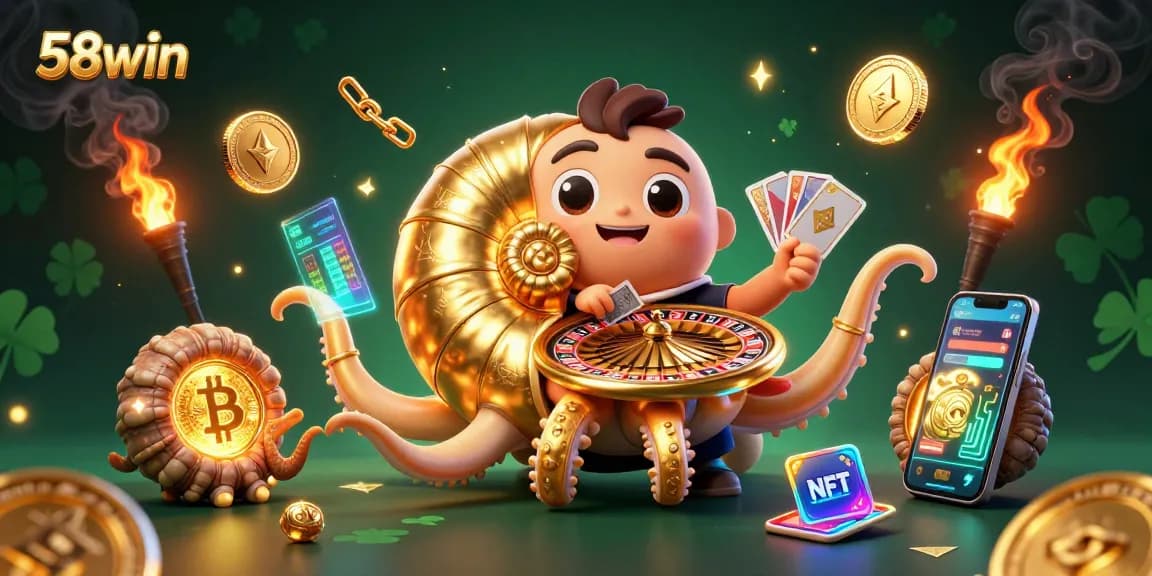 Engage in thrilling gameplay with 58win, featuring a giant nautilus, cards, and crypto coins.