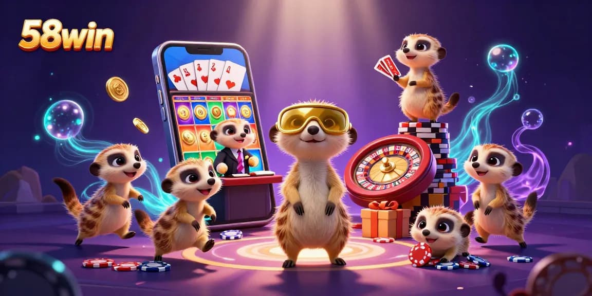 Experience the excitement at 58win casino with playful meerkats managing a vibrant game scene.