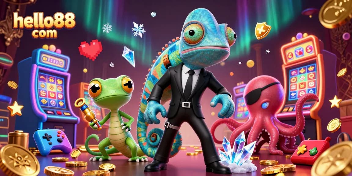 Spin winning reels at hello88 com in this vibrant casino scene filled with characters and slot machine elements.