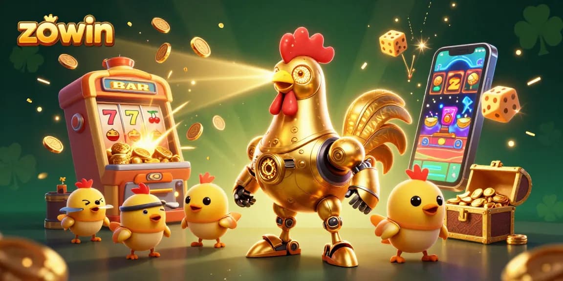 Experience the excitement of zo win with a golden rooster robot and casino elements in a vibrant 3D scene.