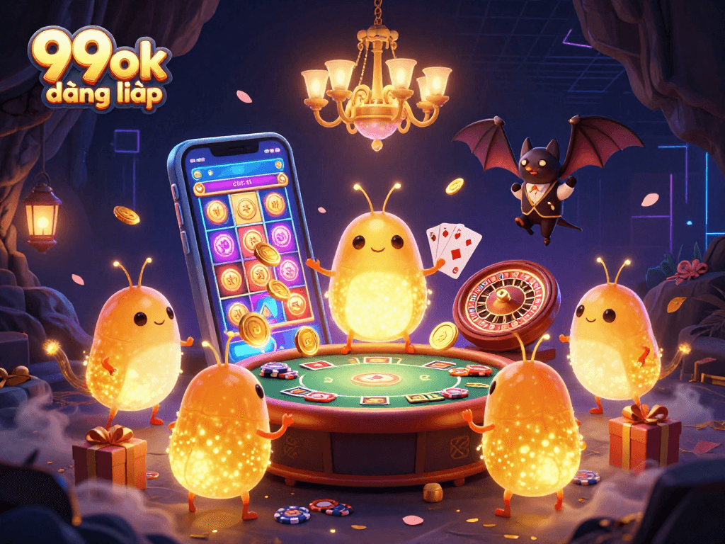 Experience vibrant gaming excitement with 99ok đăng nhập as glowworms illuminate a casino scene.