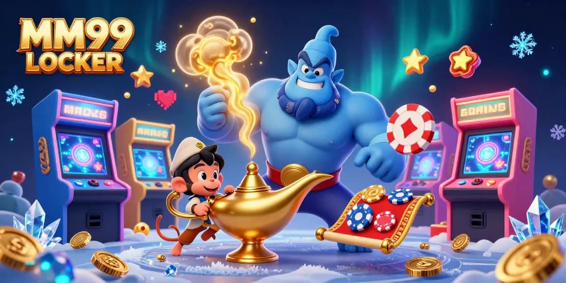 Experience MM99 LOCKER with a vibrant 3D cartoon genie and poker riches in a lively casino scene.