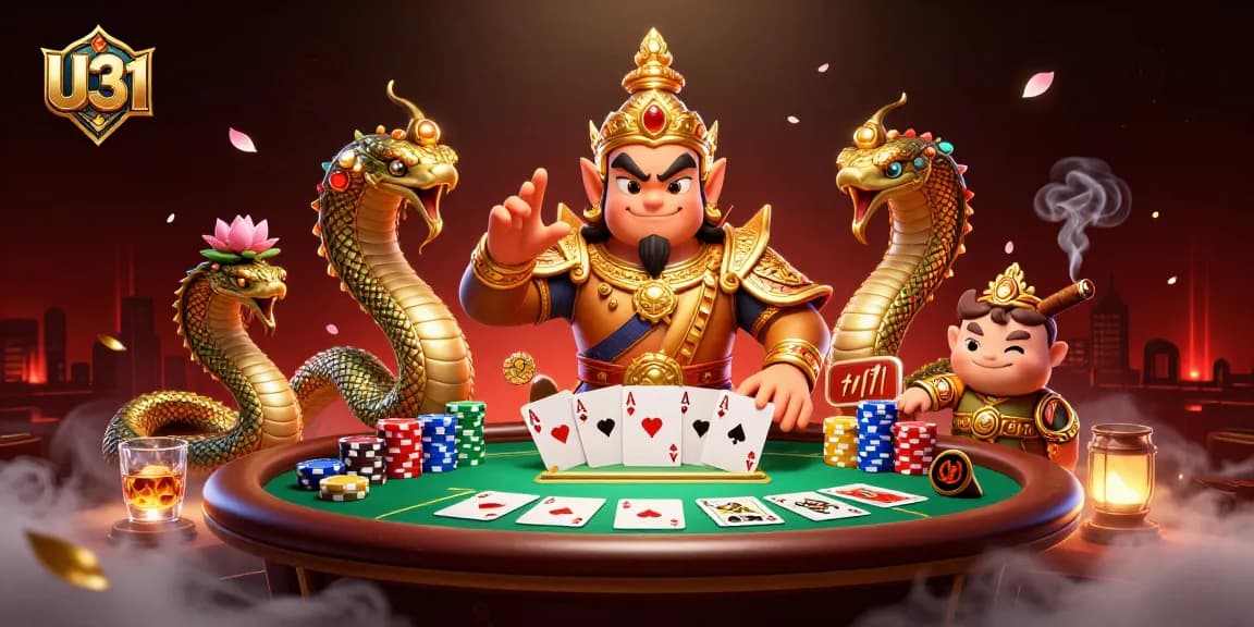 Experience the vibrant casino energy at U31 featuring a Thai temple guardian with poker elements.