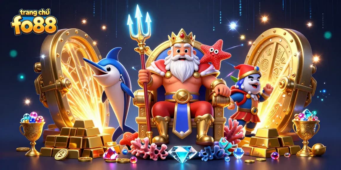 Engage with the spectacular trang chủ fo88 scene featuring the sea king Neptune amidst gold treasures and dynamic gambling elements.