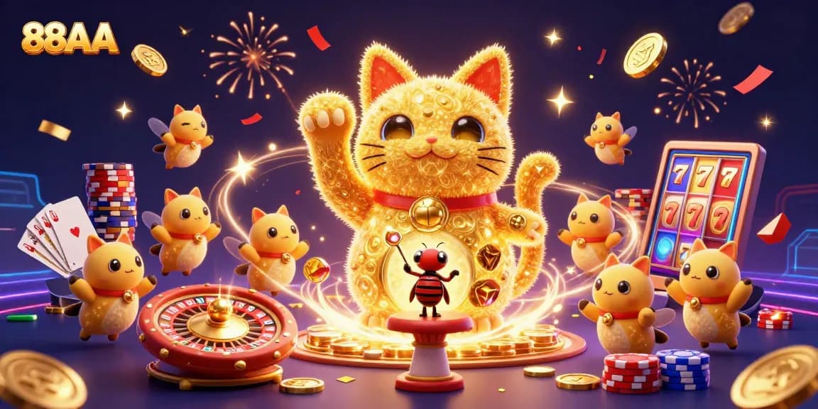 Experience the excitement of 88AA with golden fireflies and sparkling gems in a dynamic casino scene.