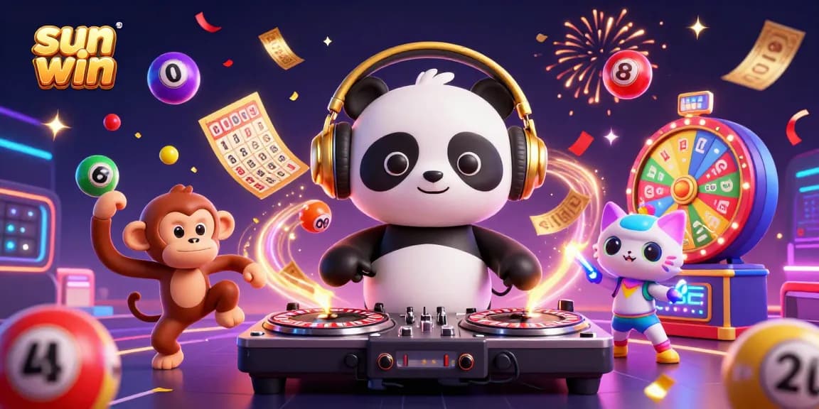 Experience sun win's dynamic casino atmosphere with lively characters, vibrant lottery elements, and a celebratory vibe.