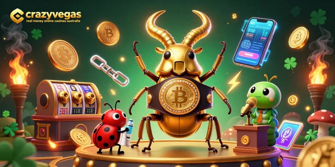 Engage with crazyvegas real money online casinos australia in a dynamic 3D cartoon scene featuring unique characters and casino elements.
