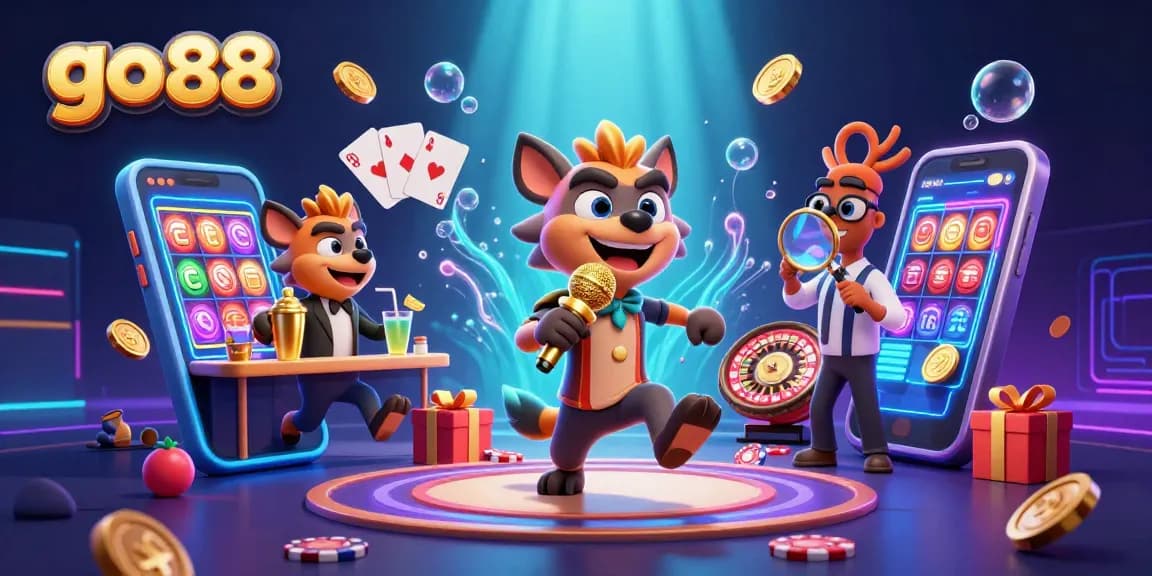 Experience the fun at the go 88 casino with hyena characters in a vibrant, colorful gaming scene.