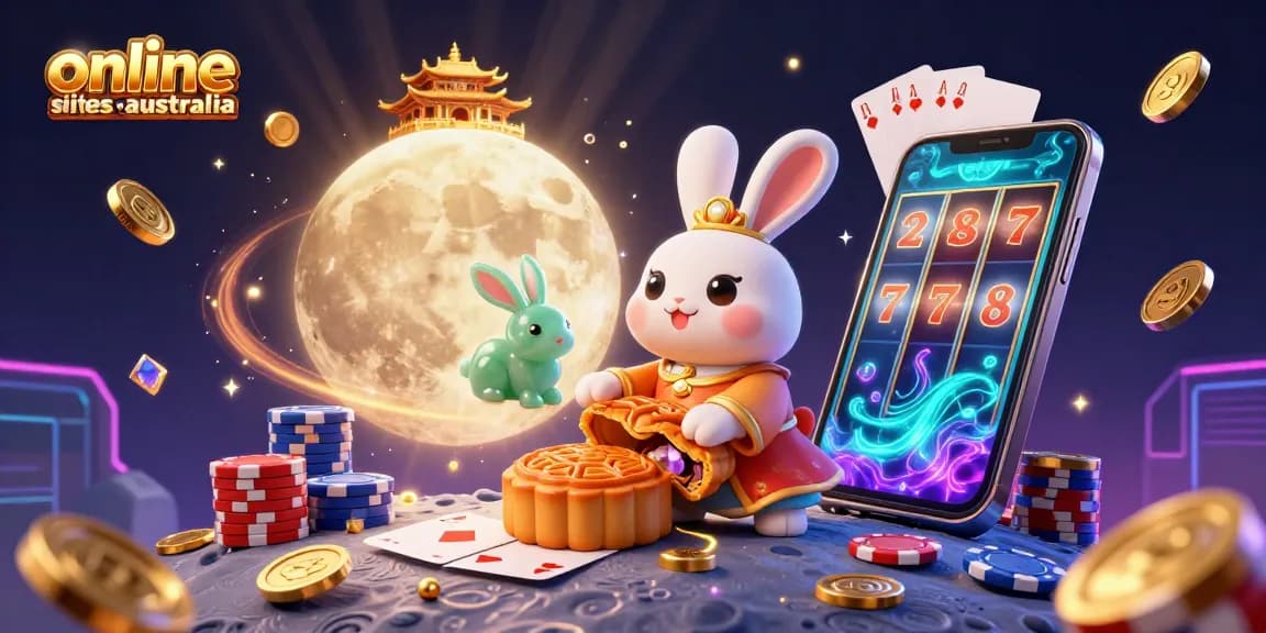 Experience the excitement of online casino sites australia with a vivid scene of playful moon rabbits and dynamic gaming elements.