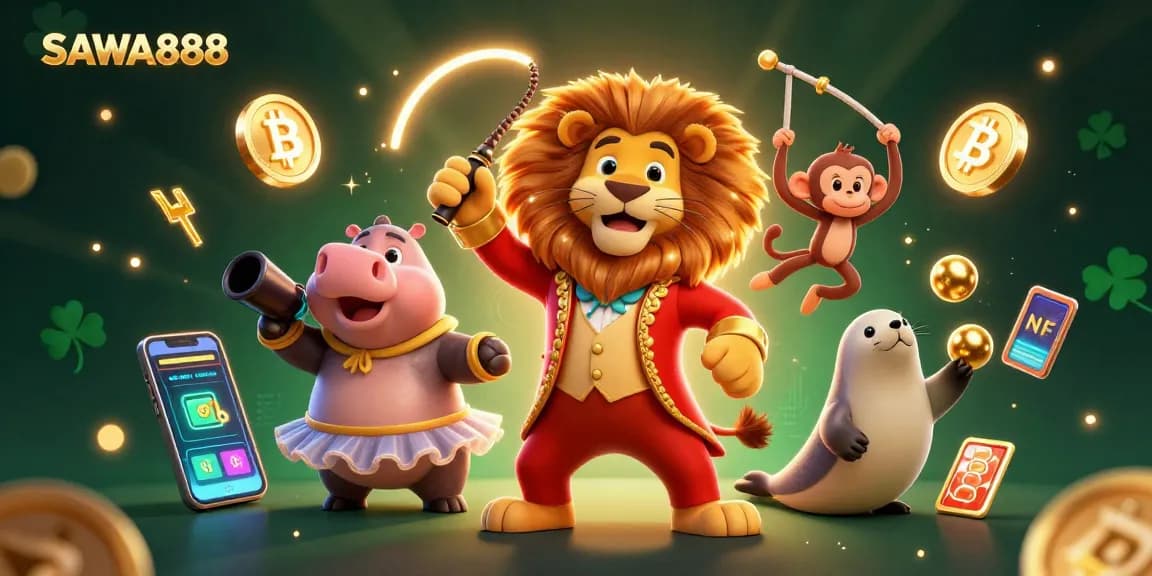 Experience the excitement of SAWA888, a vibrant casino scene with animated characters and crypto elements.
