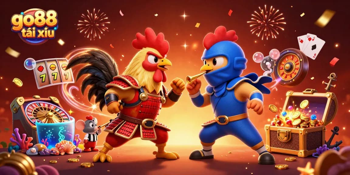Engage in go88 tài xỉu with vibrant fighting roosters and Casino elements in a dynamic illustration.