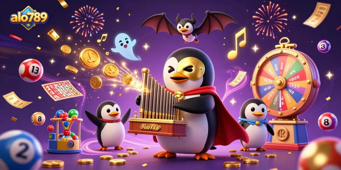 Experience the excitement of alo789 as a phantom opera penguin plays coins from a magical organ amidst vibrant gaming elements.