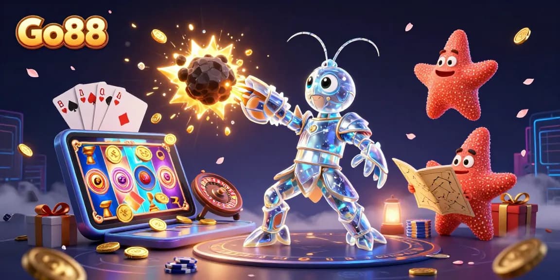 Experience the excitement of Go88 with a dynamic illustration featuring a galactic samurai and casino elements.