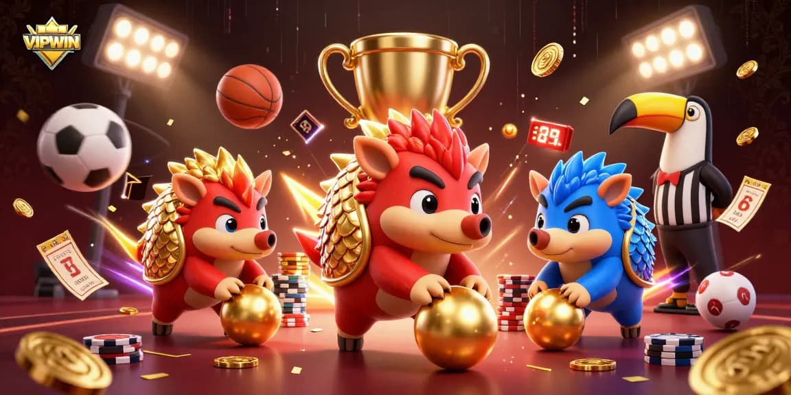 Engage with VIPWIN’s thrilling game scene featuring colorful pangolins competing amid golden chips and trophies.