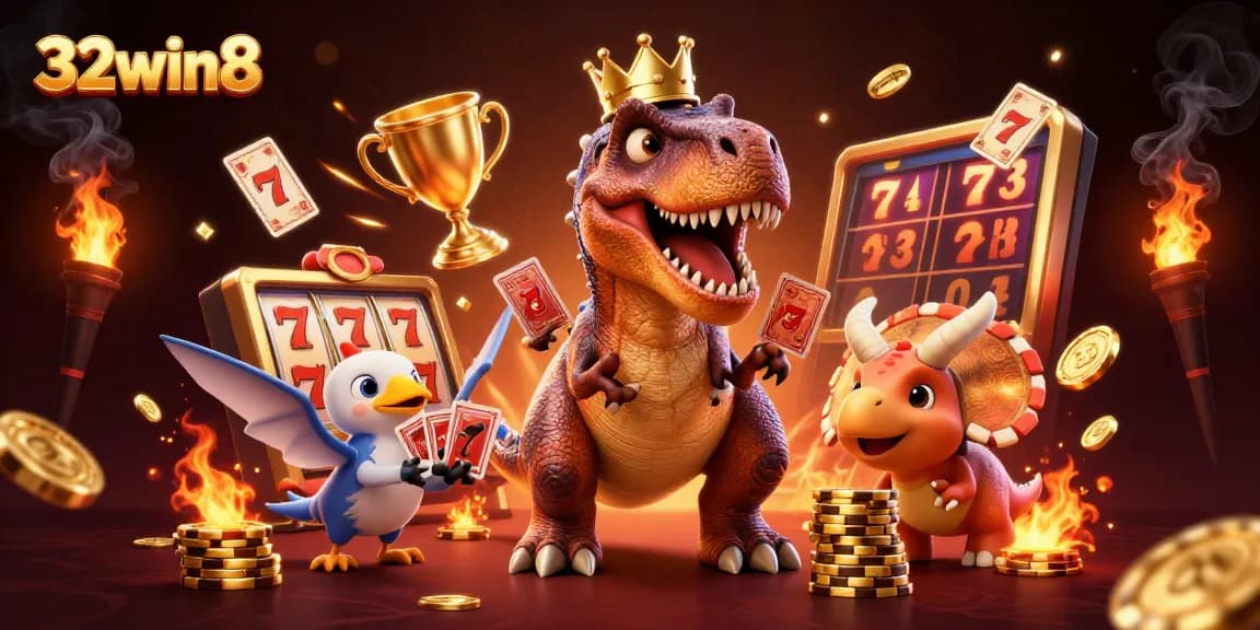 Experience the thrill of 32win8 with a friendly T-Rex shuffling cards in a vibrant 3D casino scene.