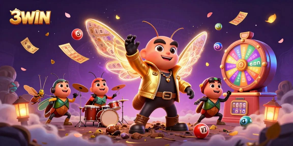 Engage in thrilling gameplay with 3WIN as the animated cicada rock star and friends create a vibrant casino scene.