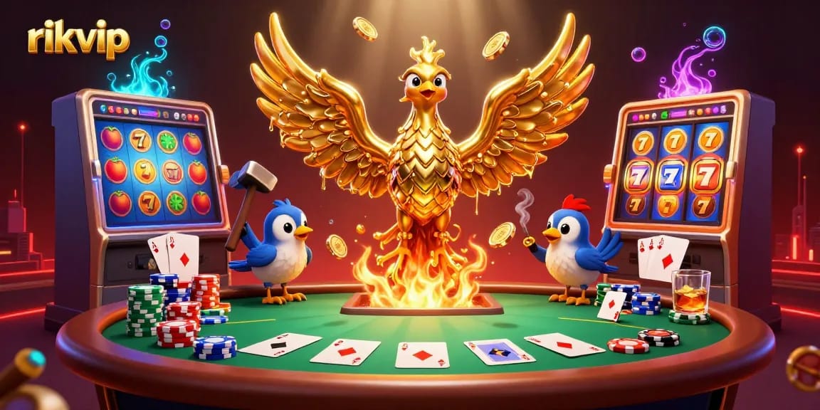 Experience the thrill of playing rikvip with gold coins cascading from a phoenix, surrounded by poker elements.