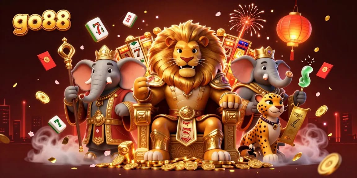 Experience the excitement at go88 with a vibrant 3D casino scene featuring the lion king, elephant advisor, and cheetah messenger.