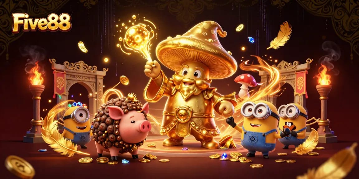 Engage with Five88's captivating 3D illustration featuring a golden wizard conjuring riches in an enchanting casino setting.