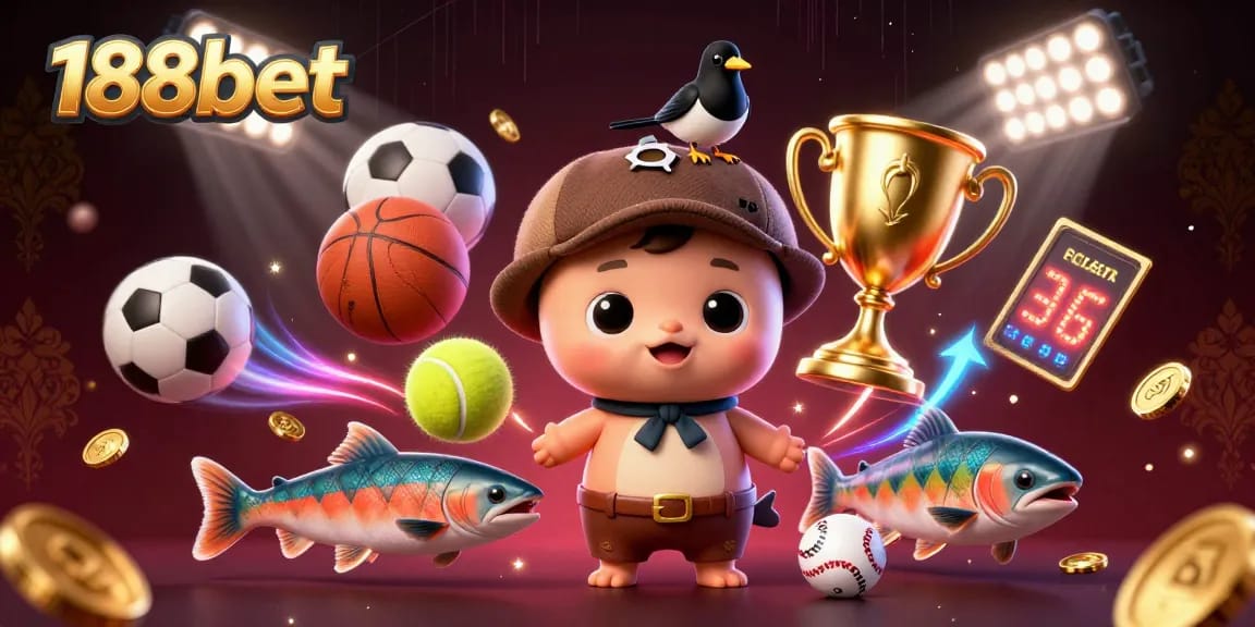 Experience thrilling gameplay with 188bet's casino games, featuring cartoon characters amidst vibrant sports elements.