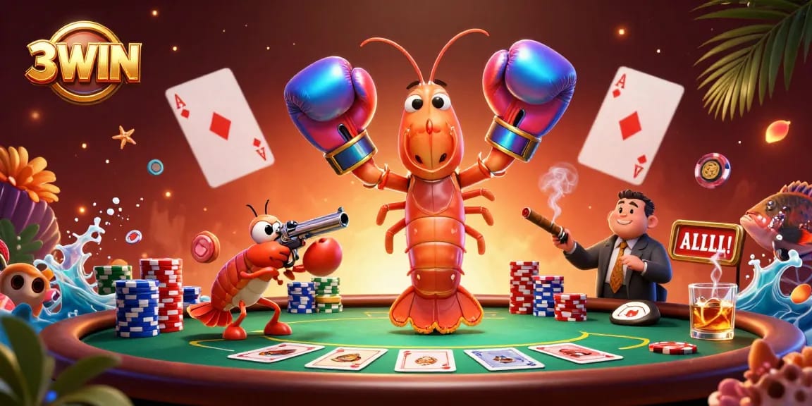Experience thrilling poker gameplay with 3WIN featuring dynamic cartoon characters and colorful game elements.