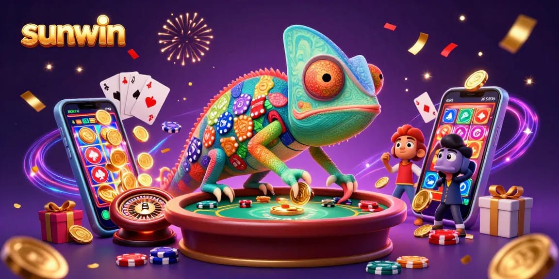 Experience sunwin’s vibrant gaming scene with a chameleon casino owner and lively slot games.