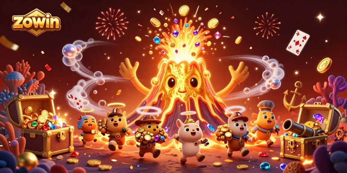Zowin reveals a thrilling illustration of a golden volcano erupting with treasure amidst an adventure scene.