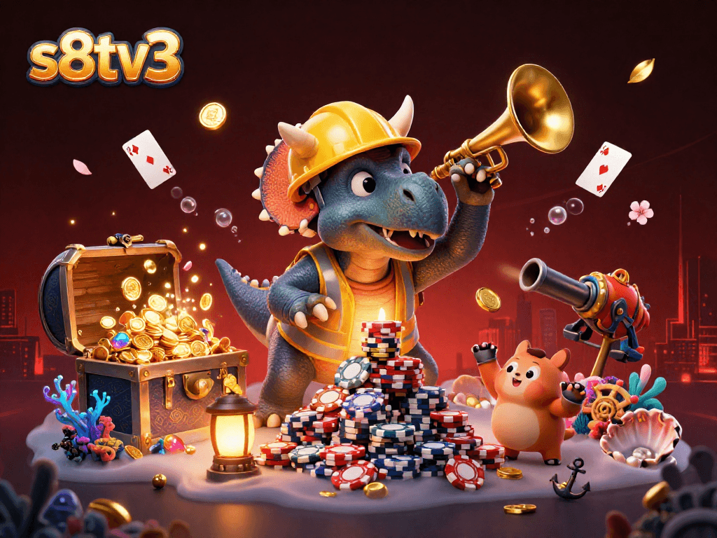 S8TV3 showcases a vibrant celebration of online gambling with animated dinosaurs building excitement.