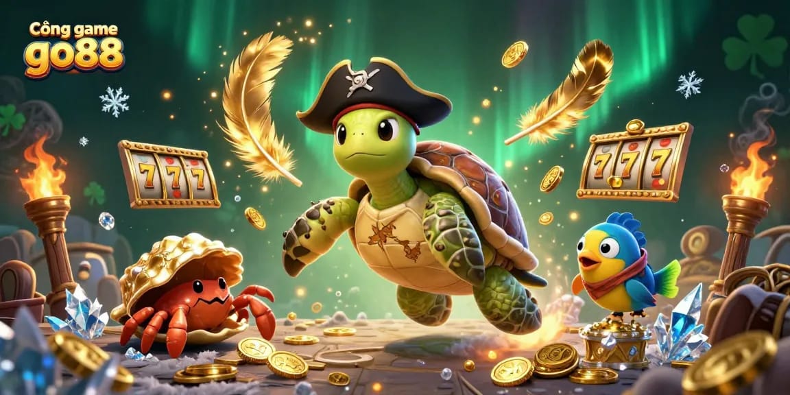 Experience vibrant gaming at Cổng game go88 with 3D characters amidst slot machines and treasures.