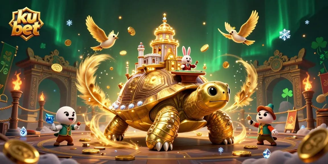 Experience the excitement of ku bet with a captivating 3D illustration featuring a golden tortoise casino and more.