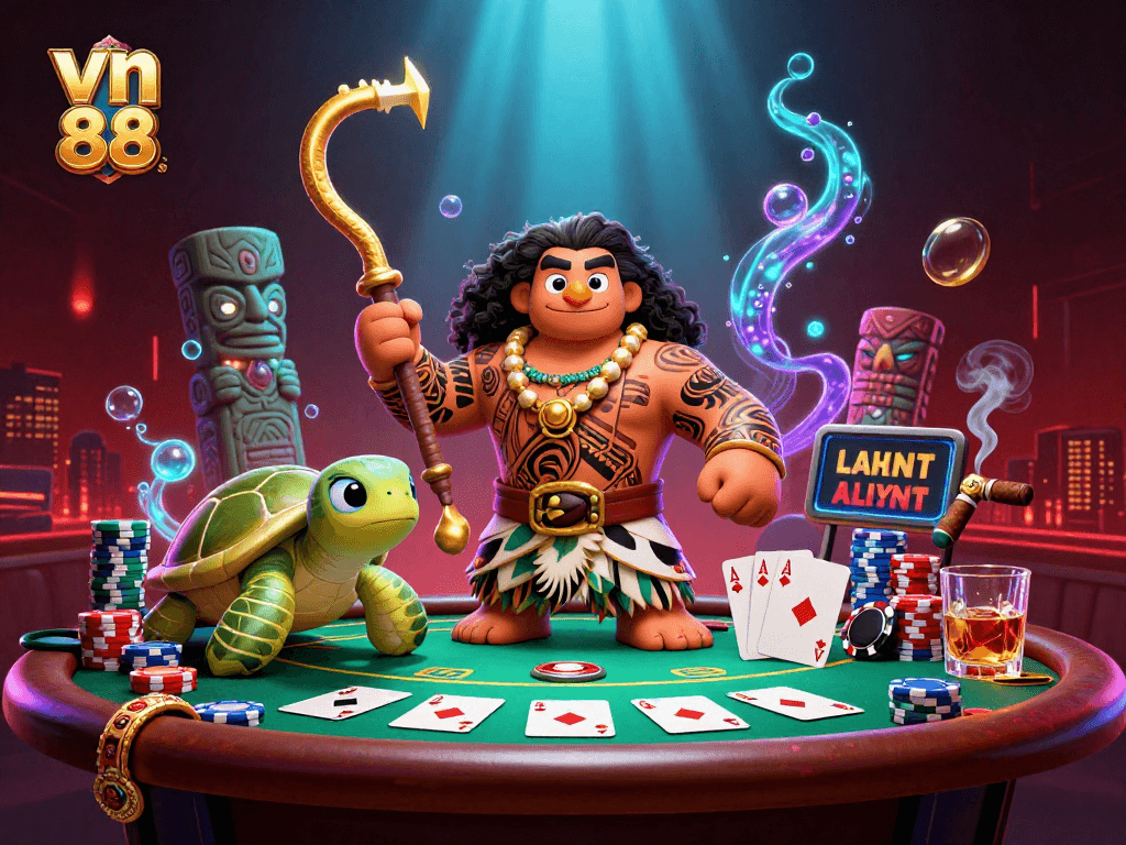 Engage in poker excitement with vn 88 in this vibrant 3D illustration featuring dynamic characters and game elements.
