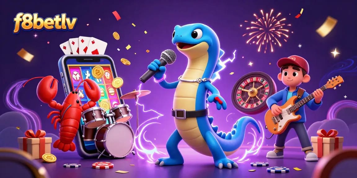 Exciting underwater casino scene featuring f8betlv's electric eel DJ performing with bandmates, showcasing slot games and vibrant visuals.
