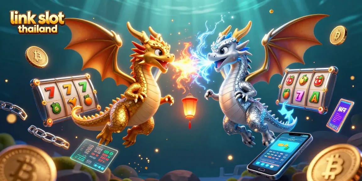 Play exciting games at link slot thailand, showcasing 3D dragons and vibrant casino elements in a dynamic scene.