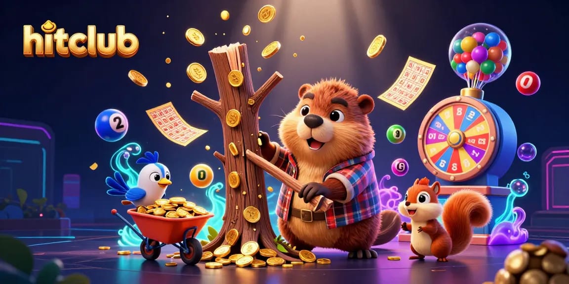 Hitclub showcases a vibrant 3D scene with a playful beaver collecting coins amidst dynamic gambling elements.