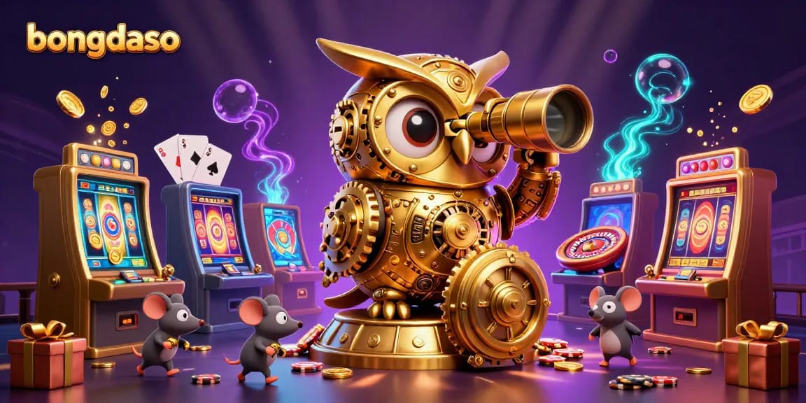 Engage in thrilling gameplay with Bongdaso, featuring a vivid casino scene with vibrant owl and mice players.