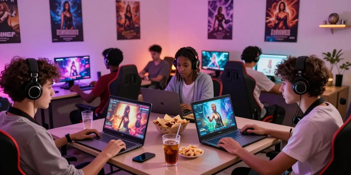 Diverse gamers enjoying interactive sex games online in a cozy lounge.