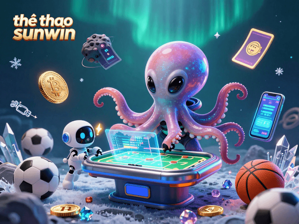 Betting on thể thao sunwin with an alien octopus and robot at a holographic sports table.