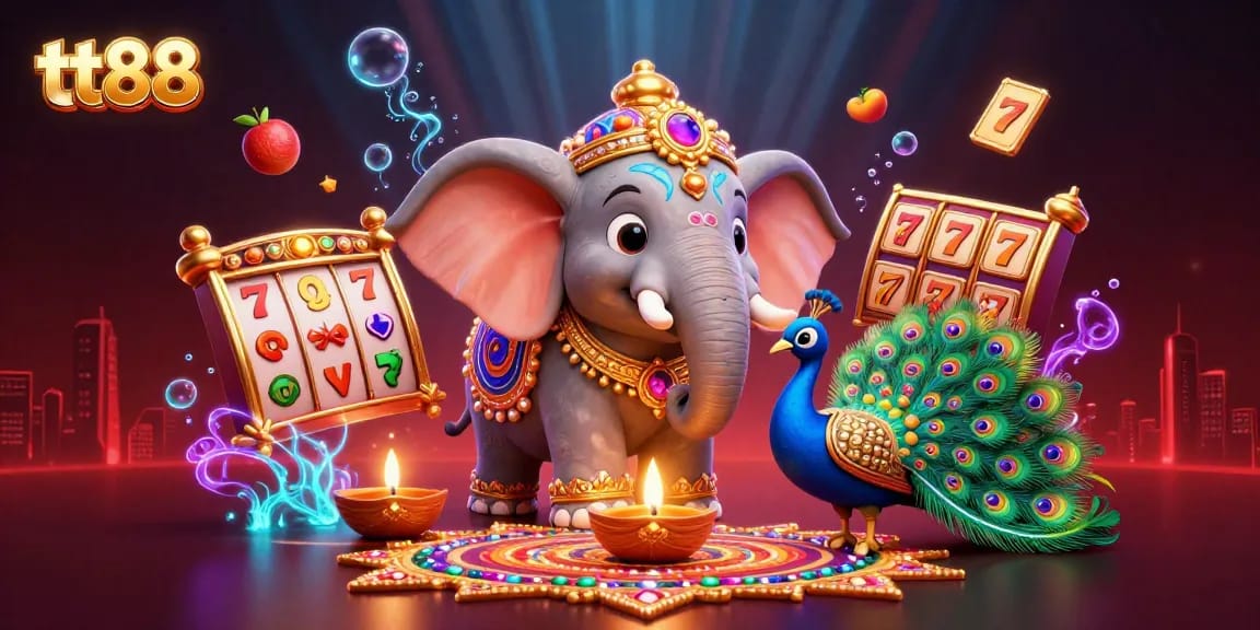 Spin the reels at tt88 with vibrant characters and casino elements around a colorful elephant.